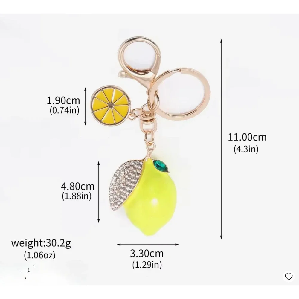 Yellow Lemon Fruit Keychain Rhinestone Leaf Gold Tone Bag Charm Accessory